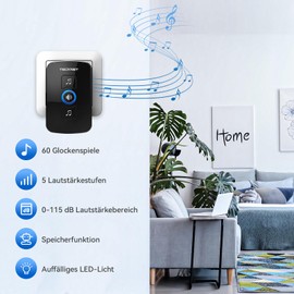TECKNET Wireless Doorbell, Wireless Doorbell Set, IP65 Outdoor Waterproof Front Door Bell with 2 Plug-In Receivers, 60 Melodies, 5 Volume Levels, 400 m Range, Socket Radio Bell Kit