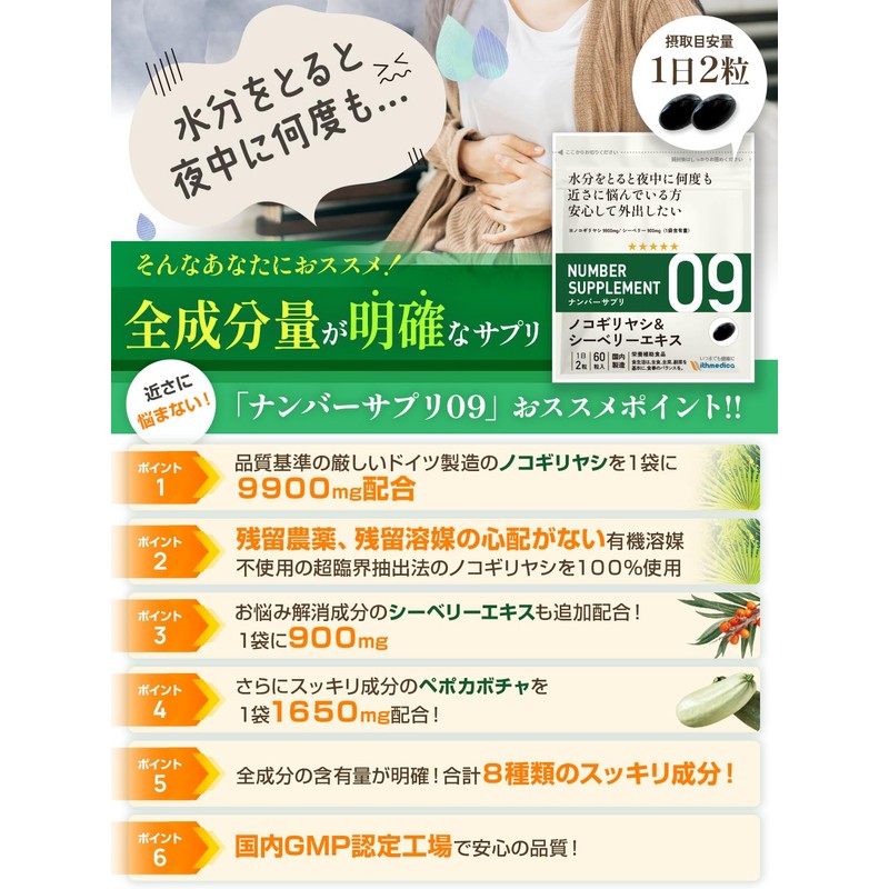 ナンバーサプリ09 ノコギリヤシ サプリ 高配合 9900mg シーベリーエキス 900mg ペポカボチャ 1650mg 前立腺の健康