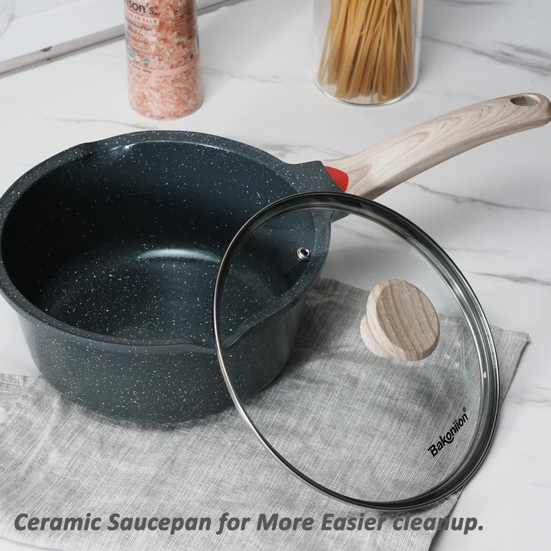 Bakoniion Ceramic Nonstick 4 QT Saucepan with Lid, Cast Aluminum