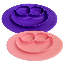 DARA BABY | Kit de 2 Platos de Silicona para Bebé | Set de Alimentación | Baberos de Silicona | Forma Redonda Antideslizante | Libre de BPA, Resistente a Temperaturas | Evita Derrames (Rosa/Morado)