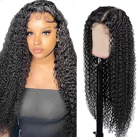Hxxcoup Human Hair Wig Curly Wave Natural Black Echthaar Perücke für Damen Perücken 5X5 Lace Front Real Hair 100% Unprocessed Brazilian Virgin Hair Glueless Wear and Go for Woman 32 Zoll