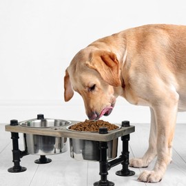 HiddenHomeWor Pet Feeder, Rustic Wood and Industrial Metal Stand for Large Dogs and Cats, Rock Grey