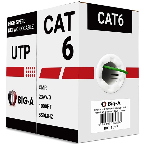 Big-A - Bulk Cat6 Cable 1000ft 23AWG Solid 4 Pair,