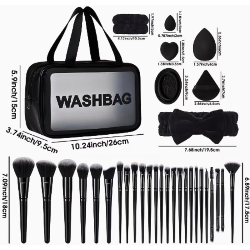 Set de 42 Brochas de Maquillaje Negro con Neceser, Esponjas,