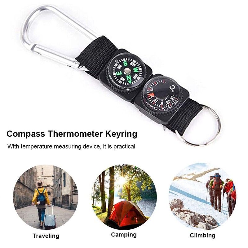 Compass Keychain 3 in 1 Carabiner Compass Thermometer Hook for