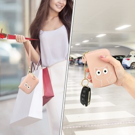 conisy Women's Leather Card Holder, Cute Credit Card Holder with RFID Protection, Small Zip Card Holder, Wallet with Key Ring, Pink cat, Casual, classic, modern, contemporary