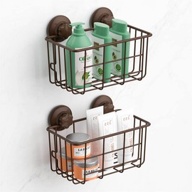 SANNO Suction Cup Shower Caddy Basket for Shampoo Combo Organizer Basket Stainless Steel Holder for Bathroom Storage,Bronze,pack of 2