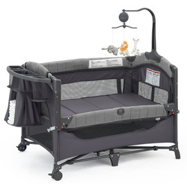 QUTANIX Baby Bedside Bassinet Sleeper,5-in-1 Pack and Play with Full-Size Bassinet,Baby Playard with Changing Table,Storage Shelf,Music Mobile with Soft Toys for Newborn to Toddlers (Grey)