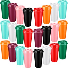 Skylety 24 Pcs Reusable Coffee Cups with Lids 16 oz Plastic Tumblers Cup with Lids for Hot Drink Coffee Cups Plastic Colorful Cups Bulk for Parties Birthdays(Multicolor)