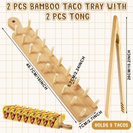 Kigley 4 Pcs Wood Taco Holder Bamboo Taco Tray with Tong Taco Stand with Handle Wooden Taco Rack, Each Holds 8 Soft or Hard Shell for Charcuterie Food Kitchen Gifts Accessories Home