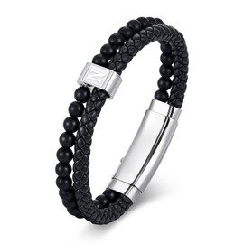 FLHEART Initial Black Leather Bracelet for Men, A-Z Letters Agate Stone Beaded Braided Leather Cuff Bracelets with Initial, Adjustable Wrist Bracelet for Mens Jewelry Gifts,7.5-8.3 Inches