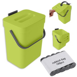 0.8 Gallon/3L Compost Bin Kitchen, Bring 5 Rolls (100) of Garbage Bags, for Use on Countertops or Under Sinks, Hanging Trash Can with Lid, for Cupboard/Bathroom/Bedroom/Office/Camping(Green)