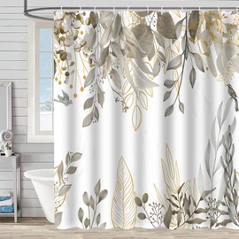 Aqrbeci Grey Tan Leaves Shower Curtain, Rustic Watercolor Plant Leaves Shower Curtains for Bathroom Waterproof Fabric Bath Curtain 72x72 Inch with 12 Plastic Hooks