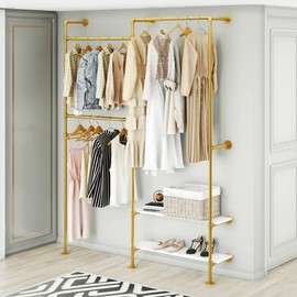KaKaBB Gold Pipe Clothing Rack, Clothes Rack for Wardrobe, Bedroom and as walk-in Closet System, Double Hanging Rods Clothes Rack with Shelves,Heavy Duty Clothes Rack Wall Mounted(Gold)