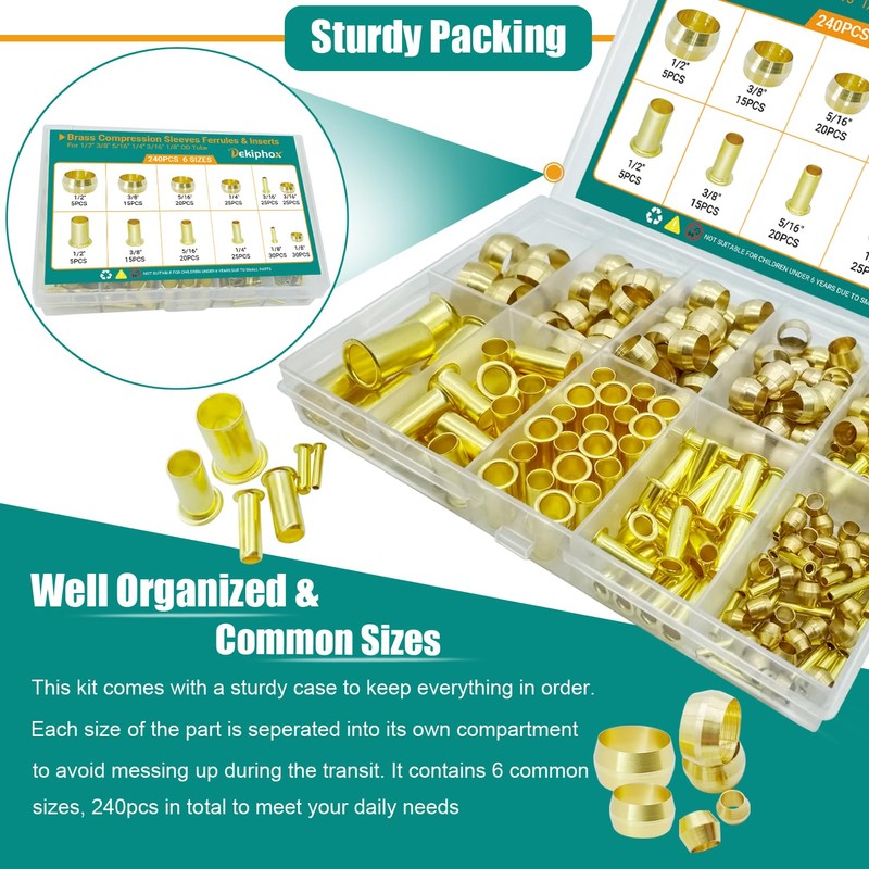240PCS Brass Compression Sleeves Ferrules Inserts, 6 Sizes 1/2" 3/8"