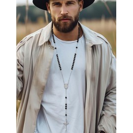 ChainsHouse Black Rosary Catholic Necklace for Men Cross Pendant with Black Glass Pearl Mary Metal Pendant Necklace