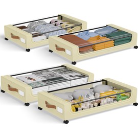 GoMaihe Under Bed Storage with Wheels: XXL 48L Underbed Storage Containers with Clear Lids - Rolling Drawers & Bins for Shoes Clothes in Dorm Bedroom - Space-Saving Easy Pull-out Beige 4-Pack