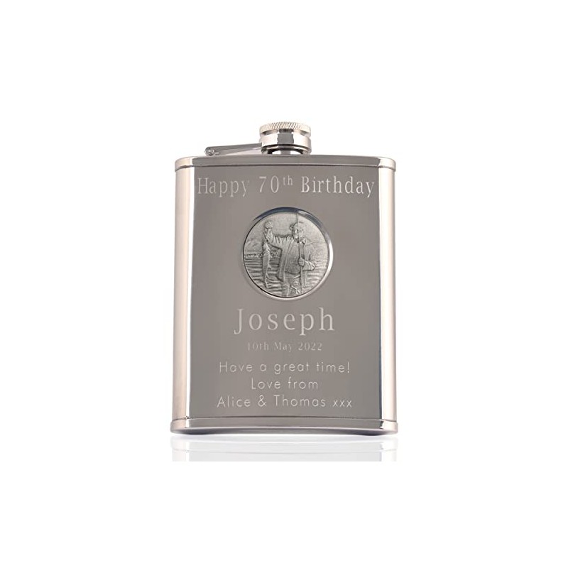 Mens 70th Birthday, Stainless Steel Engraved Hip Flask with Solid
