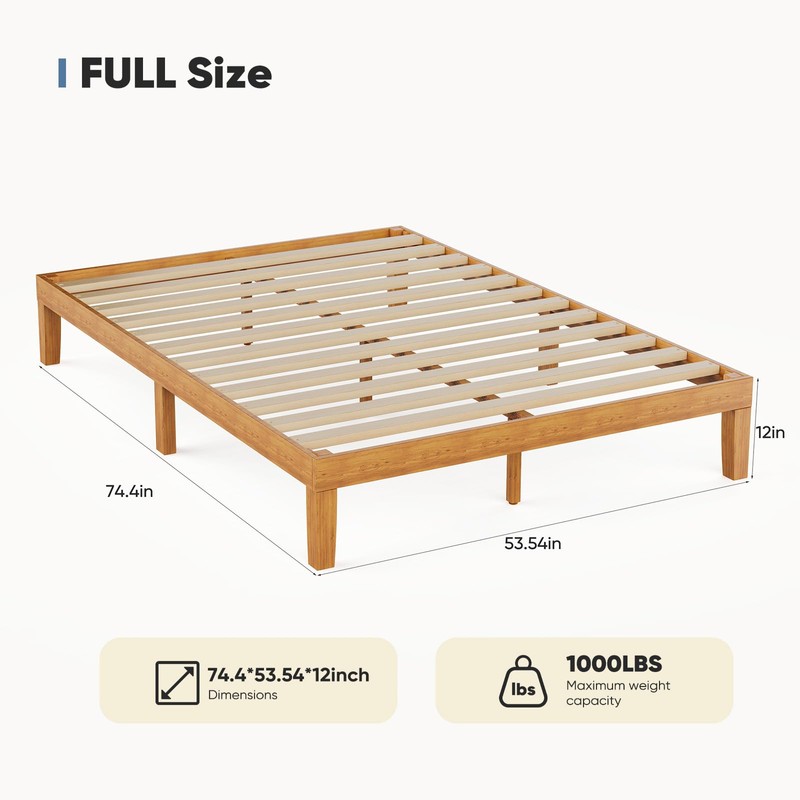 UOCFYK 12 Inch Solid Wood Platform Bed, Full Size Bed