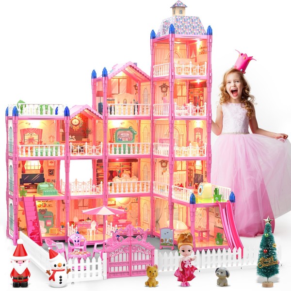 Big Doll House Girl Toys Dream Dollhouse 5-Story 15 Rooms Playhouse with Furniture and Accessories Snowman Santa Claus Christmas Tree Gift Toy for Kids Ages 3 4 5 6 7 8 9 10 Year Old Girls