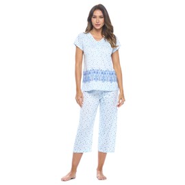 Casual Nights Conjunto de pijama capri para mujer, parte superior con pantalones capri, conjunto de pijama floral, Estampado de borde azul, 3x