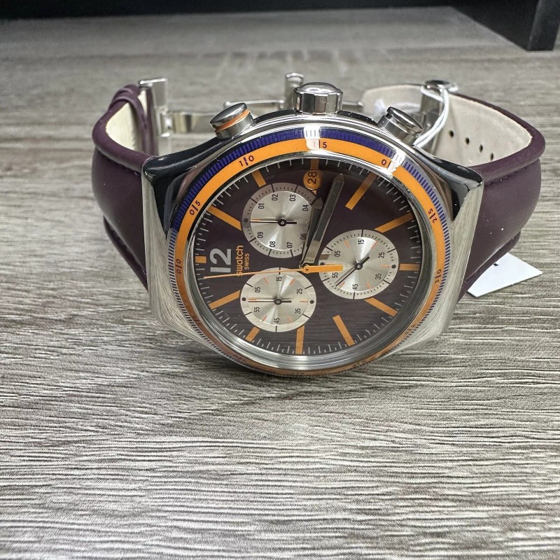 Swatch NEW✅ Swatch Irony PRISIONER Chronograph Dark Purple Leather Men's
