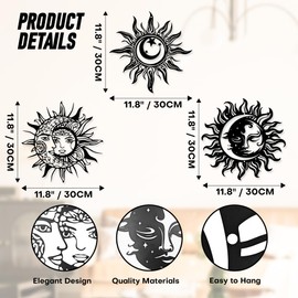 YATEASLU Sun & Moon Wall Decor Set,3-Piece Boho Metal Wall Art,Independent Sun Wall Art & Moon Decor for Indoor Outdoor