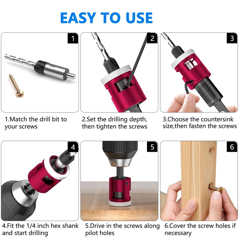 BURMONG 5-Piece Countersink Drill Bit Set with Adjustable Depth Stop,