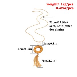 HUNO Handmade Straw Wicker Braid Statement Tassel Pendant Necklace Y-Shaped Long Chain Rattan Knit Bamboo Necklace for Women-round