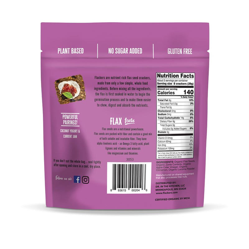 Flackers Organic Flax Seed Crackers Cinnamon & Currants, 5 Ounce