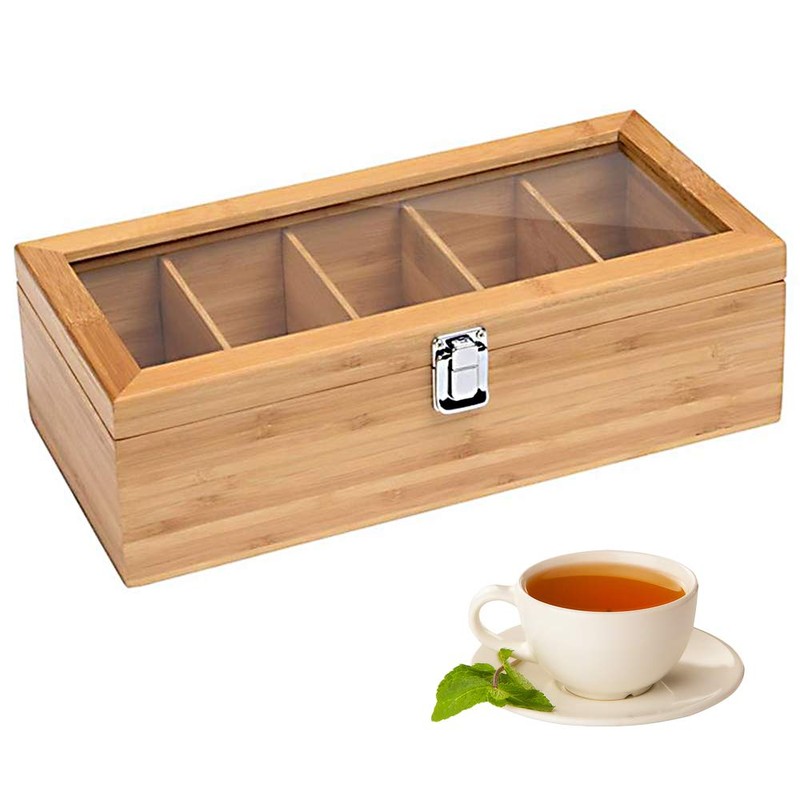 CMOISO Tea Box Bamboo, Tea Storage Box, 5-Compartment Multifunctional Wooden
