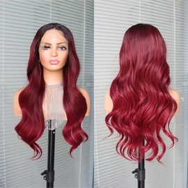GALLAG Burgundy Pre Plucked Pre Cut Synthetic Lace Front Wigs for Women Body Wave HD 13X4 Front Lace Ombre Wig Middle Part 24 Inch Length for a Stunning Look