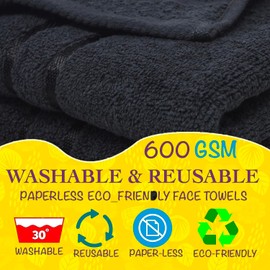 Towelogy® Cotton Washcloths 650GSM Face Towels Flannels Soft Muslin Cloths Machine Washable 30cmx30cm (Noir Black 600gsm, Pack Of 2)