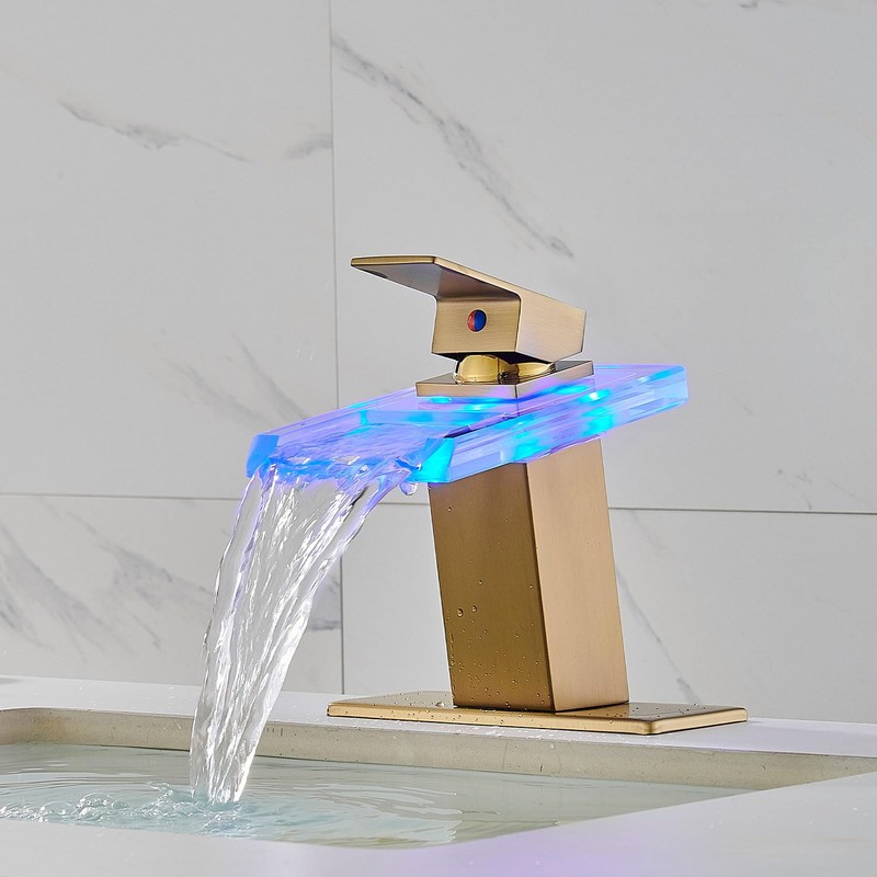 AVSIILE LED Bathroom Sink Faucet, Brushed Gold Waterfall Single Hole