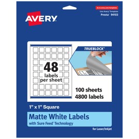 Avery TrueBlock Matte White Square Labels with Sure Feed, 1" x 1", 4,800 Labels, Print-to-The-Edge, Laser/Inkjet Printable for Product and Price Stickers