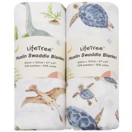 LifeTree Muslin Swaddle Blankets Neutral, Baby Swaddling Wrap Nursery Blanket for Boys & Girls Neutral, Soft 70% Viscose from Bamboo and 30% Cotton, Large 47 x 47 inches, Sea Turtle & Dinosaur