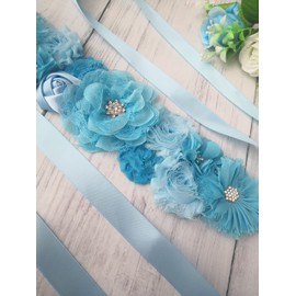 Oyabridal - Cinturón de maternidad con flores para baby shower, bautismo, Azul-cielo, 240cmx2.5cm