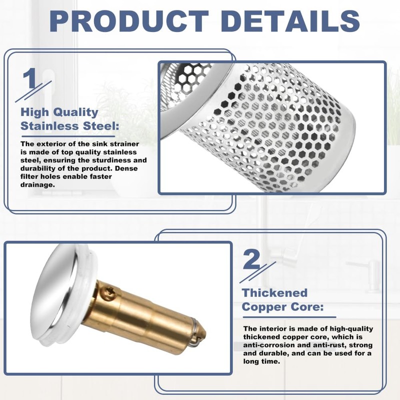 ADERTOS Pack of 2 Drain Filter Sink Plug Stainless Steel