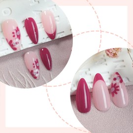 Medium Press on Nails Almond Fake Nails with Design Fall Flower French Tip False Nails Wine Red Acrylic Nails Full Cover Glue Artificial Stick on Nail for Women 24 Pcs Nail Supplies