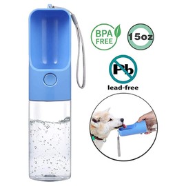 MTSLYH Portable Dog Water Bottle 15 oz,Leak Proof Puppy Water Dispenser with Drinking Feeder for Pets Dog Bowl for Outdoor Traveling, Walking, Camping and Hiking (Blue)