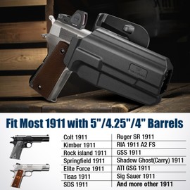 OWB 1911 Holster – Fit Most Non-Rail 1911 Pistol with 5", 4.25" & 4" Barrel, Fits Colt, Springfield, Kimber, Rock Island, Tisas, Ruger, S&W, Taurus, Elite Force & More, Level II Retention, Right-Hand