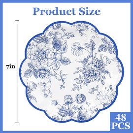 Elyxio Blue Floral Party Plates Vintage Floral Leaf Disposable Paper Plates Wildflower Blue Toile 7" Scalloped Rim Dessert Plates for Christmas Birthday Bridal Tea Party Supplies (48, Blue Floral)
