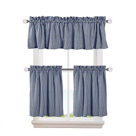 Softopia - Juego de 3 cortinas de algodón para ventana y cenefa de algodón, 2 niveles y 1 cenefa vintage para cocina, baño, sala de estar, color azul