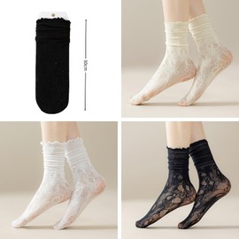 MANJIAMEI Women's Lace Socks, 3 Pair Set, Hollow Mesh, Crew Socks, Cute, Summer, Thin, Breathable, Transparent Embroidery, Work or School Commutes, white, Free size