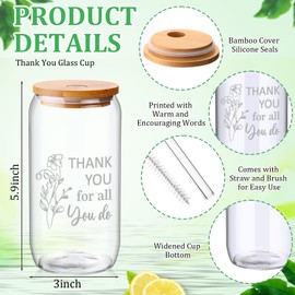 Ziliny 24 Set Thank You Gifts Employee Appreciation Gifts for Staff Coworker Christmas Gifts 16 oz Glass Cups with Lids and Straws with Gift Box Ribbon for Friends Teacher Nurse(Floral and Team)