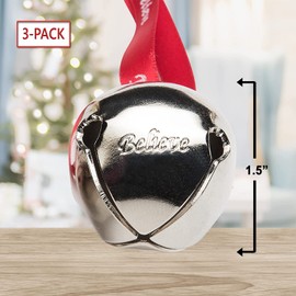 Bevin Bells Believe Sleigh Bells Ornament (3-Pack) | 1.5" Made of Steel | Hanging Bells with a Red Satin Believe Ribbon | Great Tone | Xmas Gift or Stocking Stuffer | Made in The USA