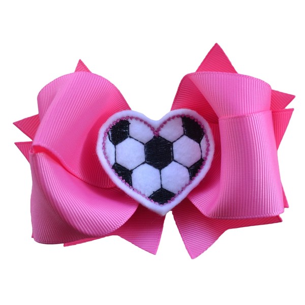 Girls Sports 4.5 Inch Hair Bow with Embroidered Heart Appliqué by Funny Girl Designs (Hot Pink Soccer)