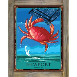 Northwest Art Mall Newport Oregon Dungeness Crab Rustic Metal Print on Reclaimed Barn Wood from Illustration by Artist Joanne Kollman 8.5" x 11.5"