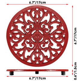 SUMTree 6.7" Round Cast Iron Trivet, Decorative Heavy Duty Hot Pot Holder Mat, Vintage Flower Pattern Cast Iron Trivet with Rubber Pegs for Kitchen Worktops Dining Table (Red)