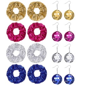 Yunlly 8 Pack Neon Scrunchies for Hair 80s 4 Pairs Earrings for Women Elastic Neon Hair Accessories for Women Girl Outfit(Disco Sequin)